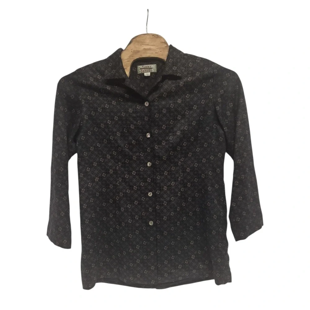 Tommy Bahama Long Sleeve Shirt Geometric Floral Pattern Black Brown Size‎ L Silk - Picture 3 of 6